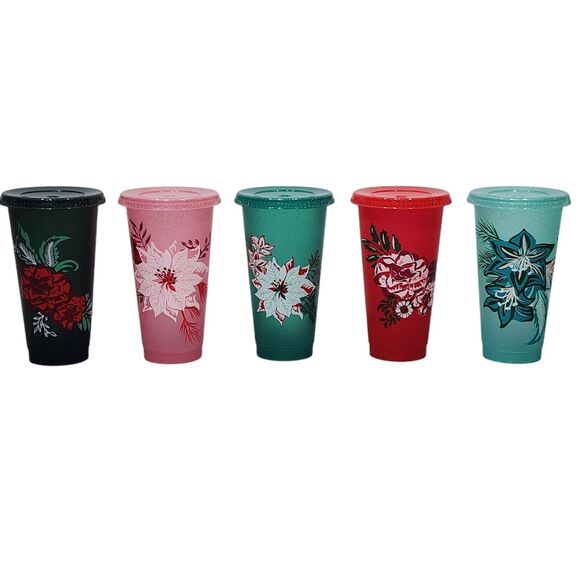 Starbucks Christmas Glitter Cold Cups 24oz‎ Set of 5 Resuable NO STRAWS 2022 - Picture 1 of 11